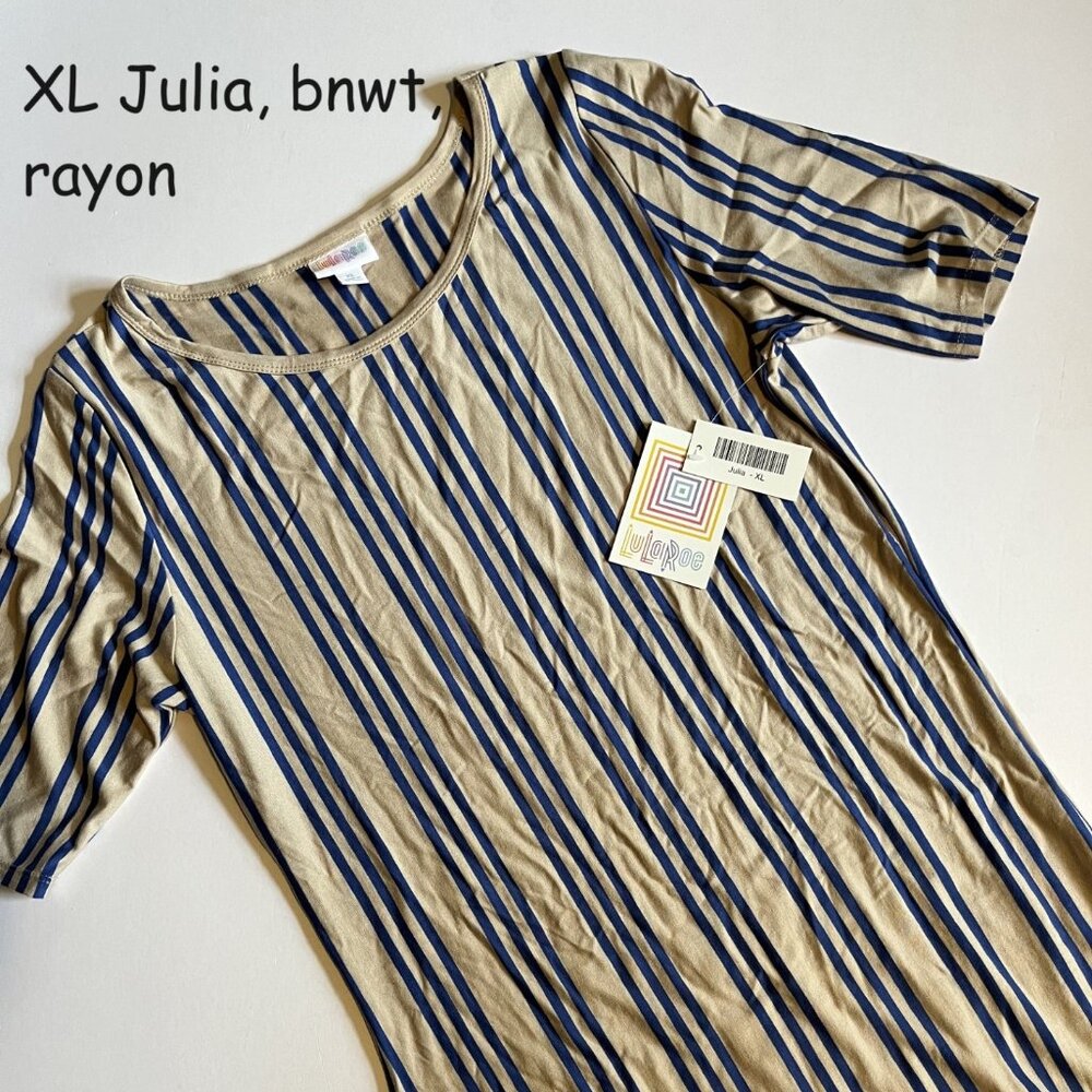 XL Lularoe Julia sheath dress, tan with navy vertical stripes, rayon